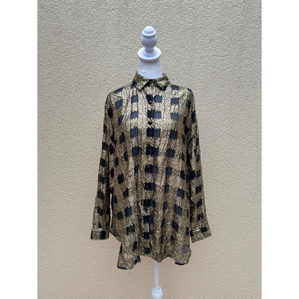 Rothschild Night Life for Lilli Ann metallic gold and black plaid blouse